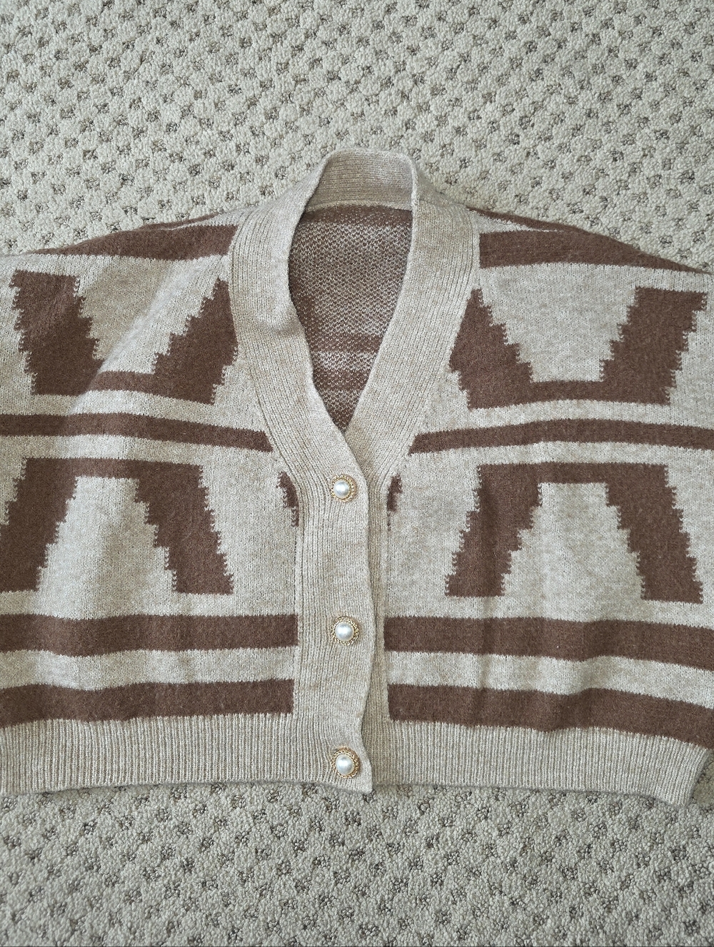 Cropped Geometric Knit Button-Front Cardigan in Beige and Brown